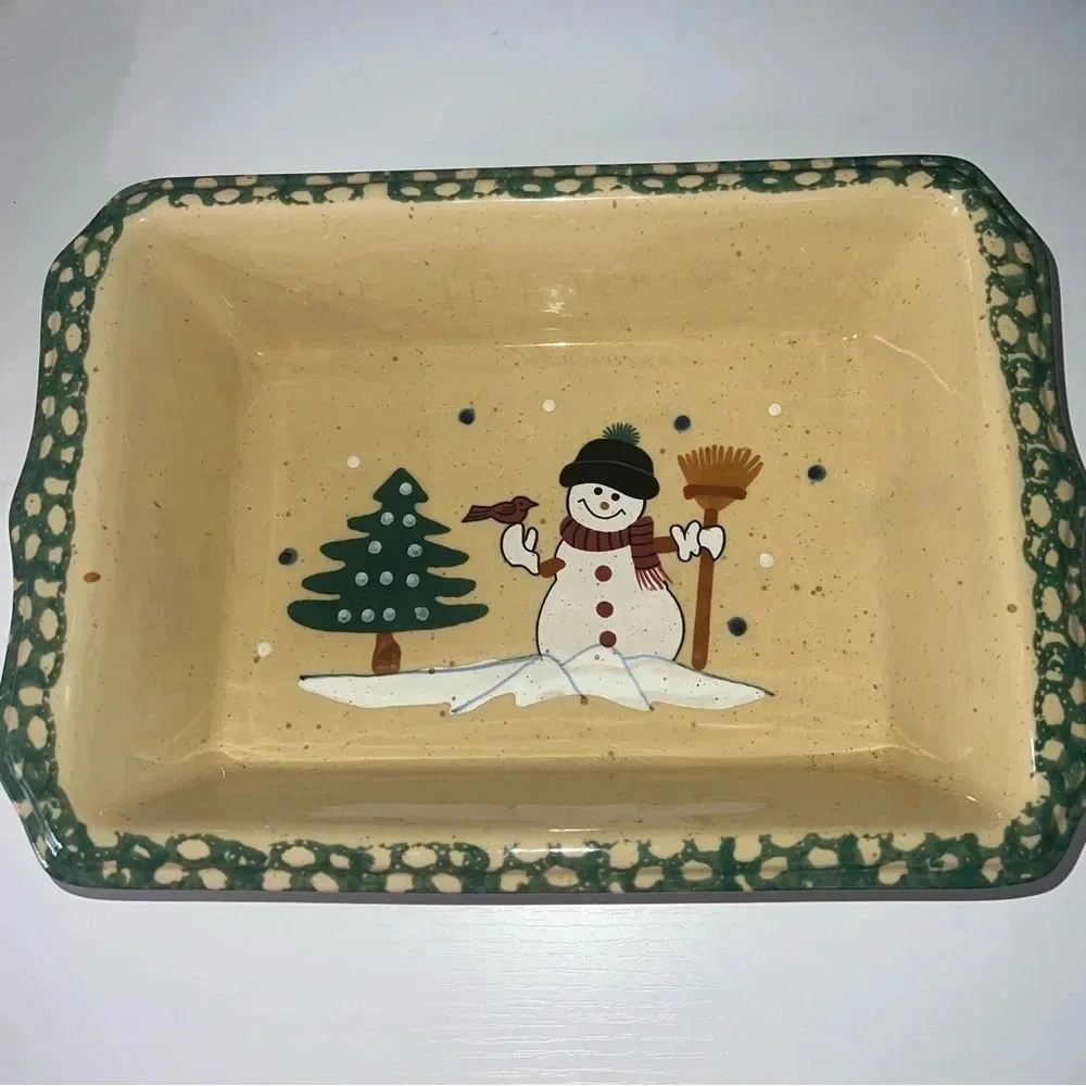 Vintage Casserole‎ Dish Country Snowman Stoneware Spongeware Bakeware